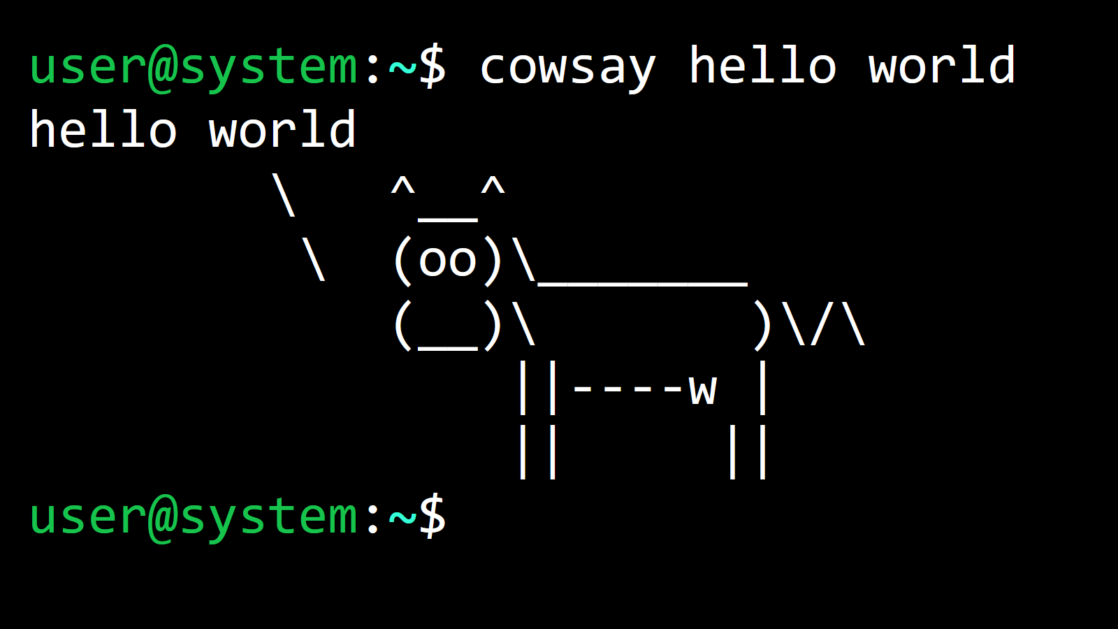 screenshot of the cowsay command's output on mellowTS