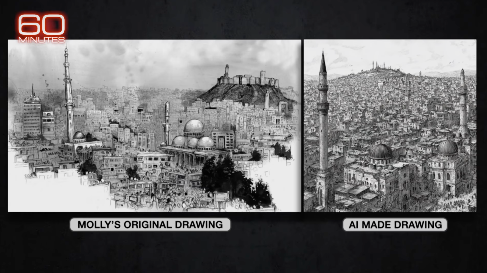 side-by-side of Crabapple's drawing of Aleppo, Syria and an AI-generated image of the same