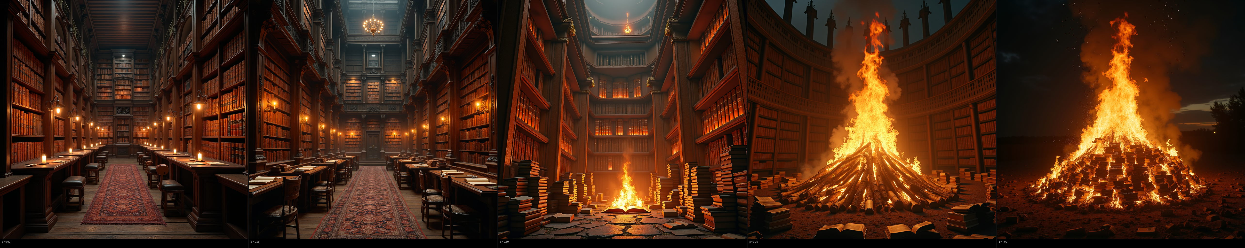 interpolation from bookshelves in a library to bonfire
